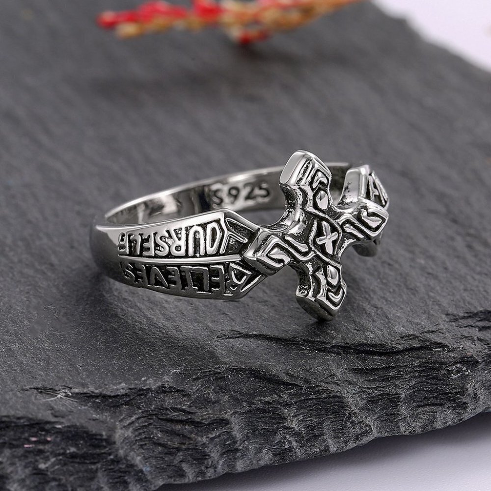 💎 Flame Printed Celtic Pattern Fashion Vintage Corss Ring for Man, INDN8471